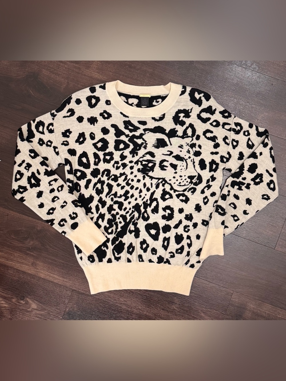 Magaschoni Leopard Motif Crewneck Sweater in Cream and Black